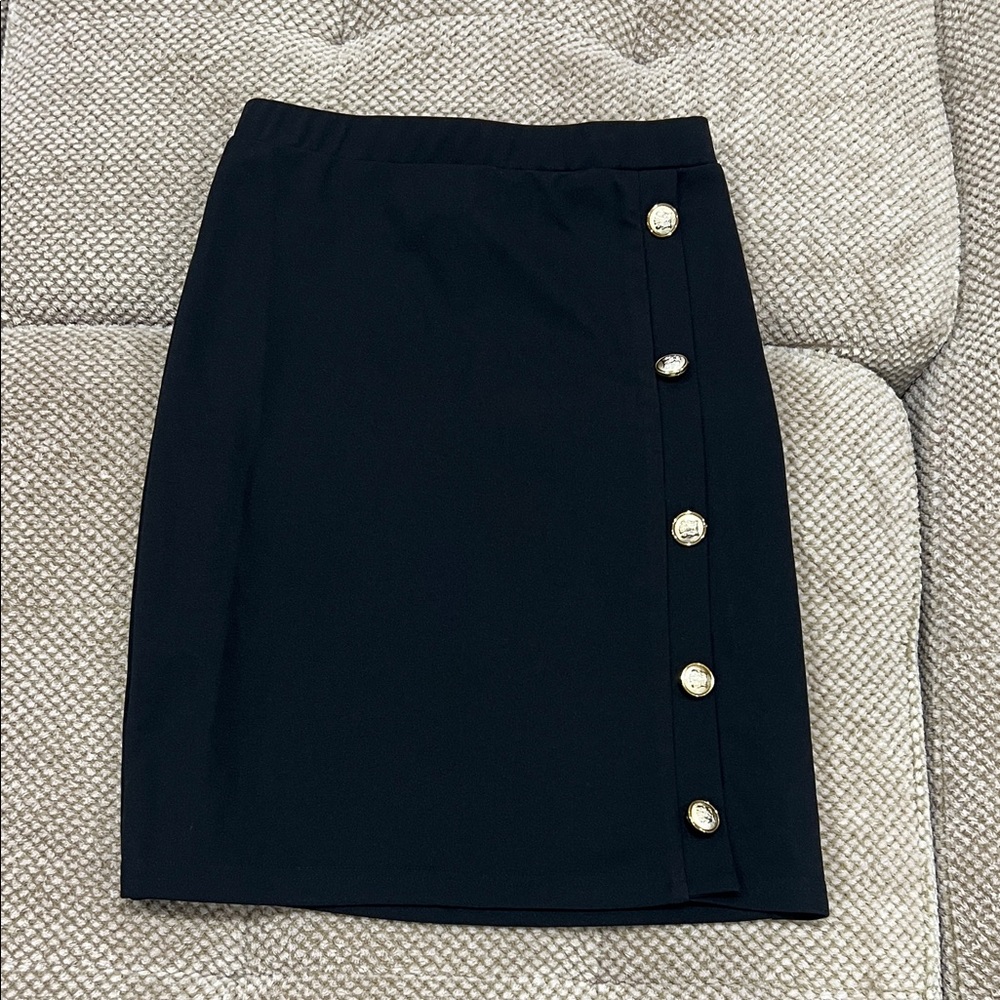 Chic Black Pencil Skirt with Gold Button Accents
